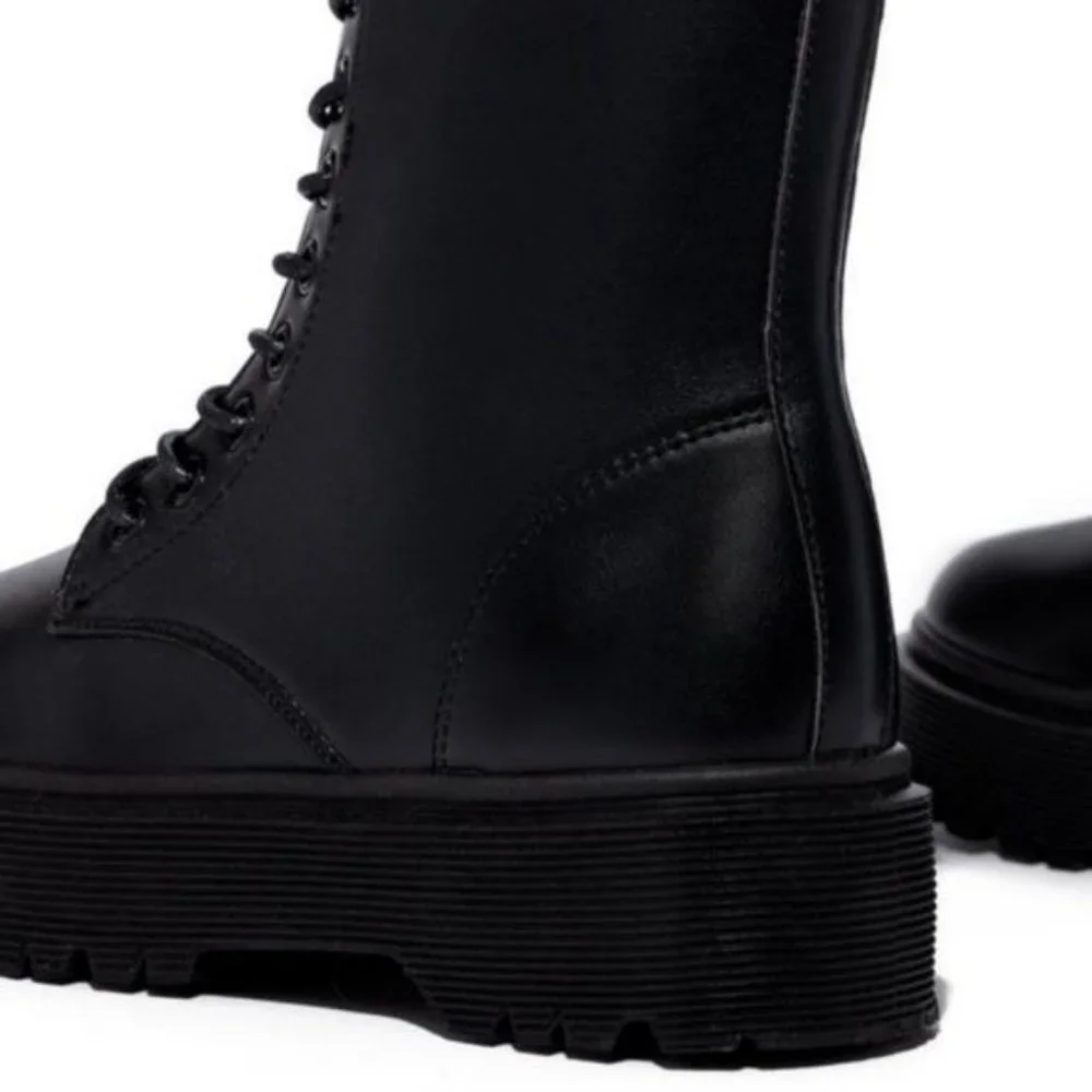 !! RESTOCKED !! Black Vegan Leather Side Zip Combat Boots - Picture 8 of 8
